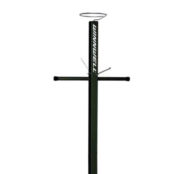 HOCKEY OR SPORTS EQUIPMENT STAND, BLACK STEEL, 3 LONG RODS, 2 SHORT RODS, 1 ROUN - Picture 4 of 5